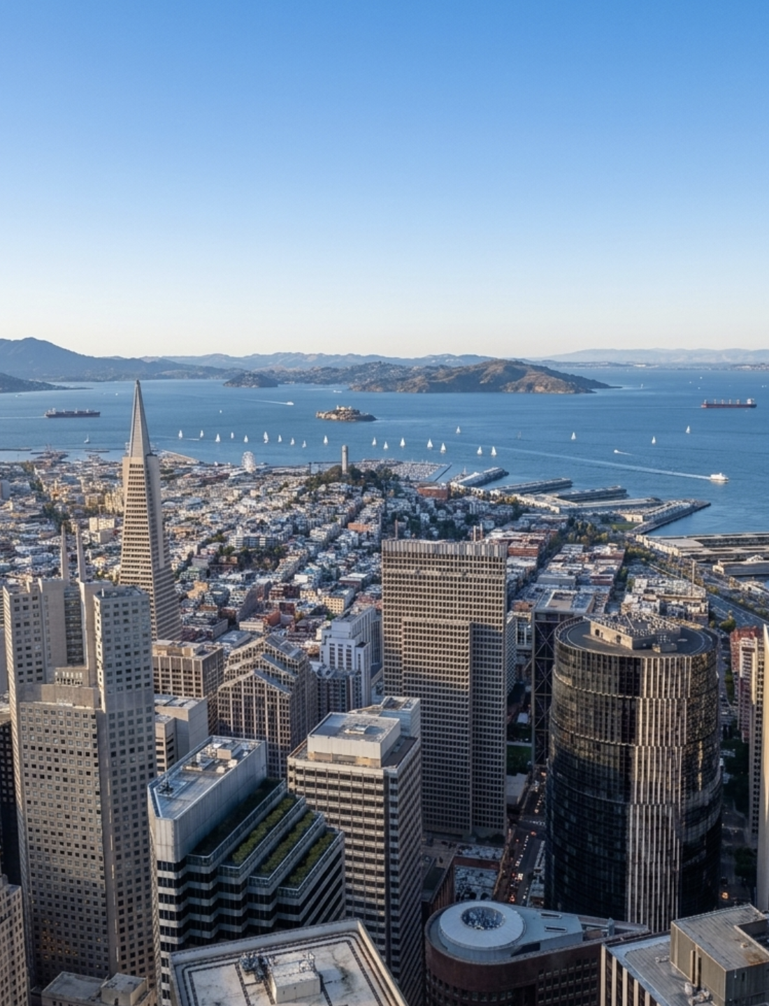 Overhead view of a city skyline meeting the bay at the horizon